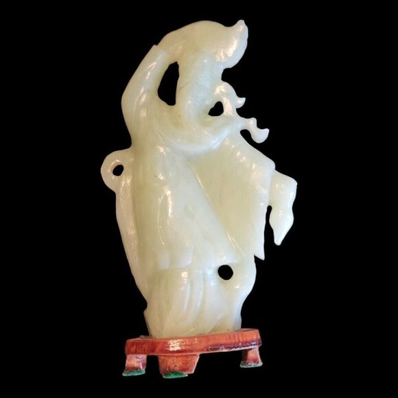 Set of 4 Vintage GESHIA's Asian Italy Green Jadeite Glass Figurines Wood Base - Picture 3 of 16